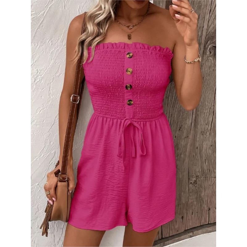 

Summer Fashion Splicing Women s Solid Color Sexy Sleeveless Button Tie Waist Casual Comfortable Jumpsuit Shorts XS
