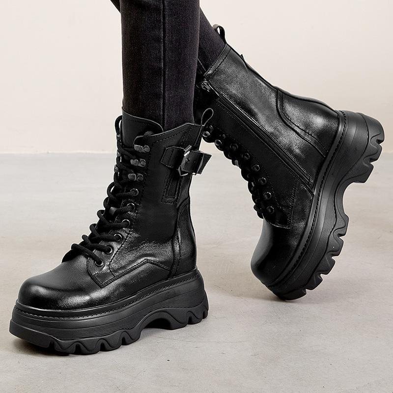 Fashion GKTINOO Retro Style Women High Heel Genuine Leather Mid-Calf Boots 2025 Autumn Winter Warm Platform Booties Zip Zapatos Mujer