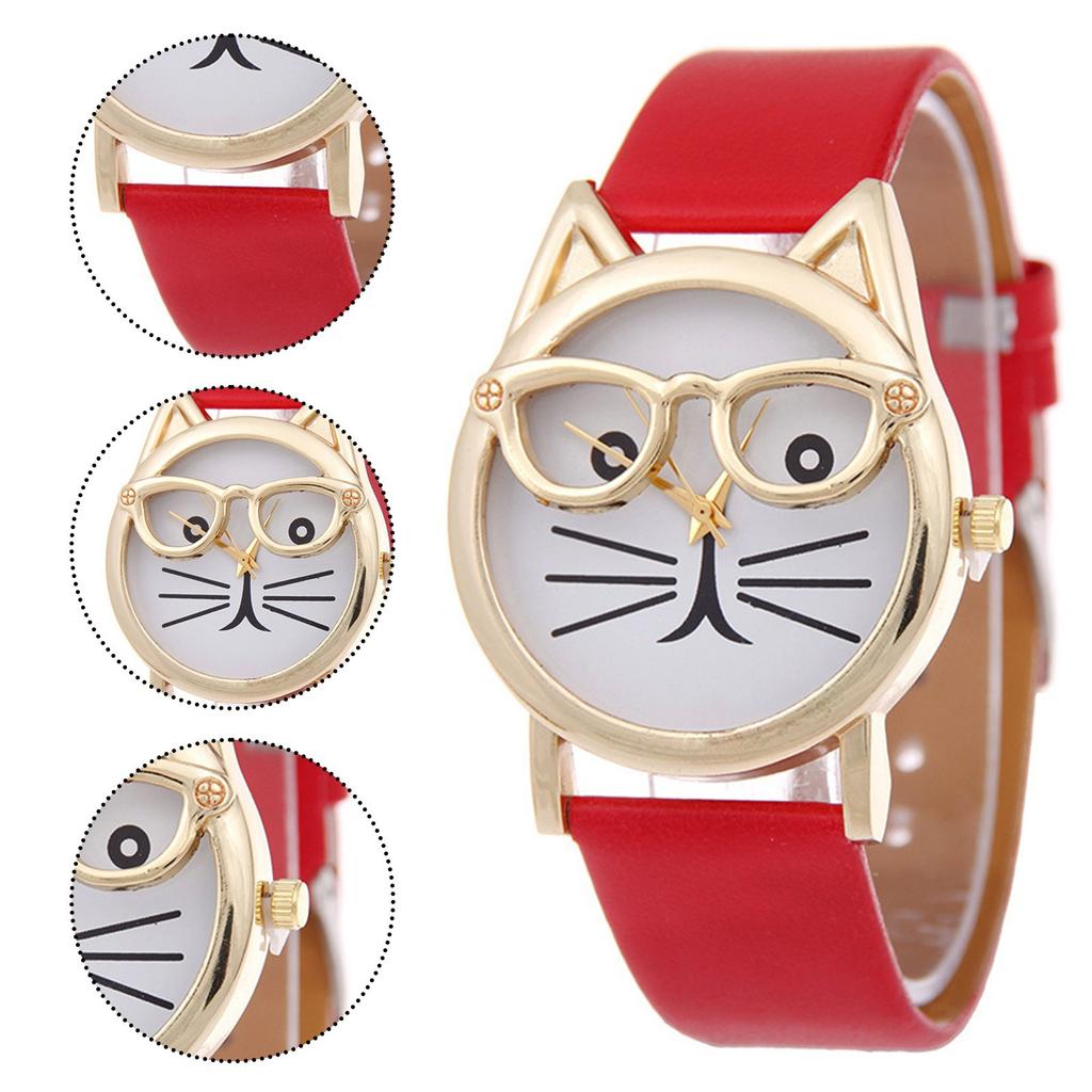 Ladies Watch Wear Glasses Cat Dial Belt Ladies Quartz Watch