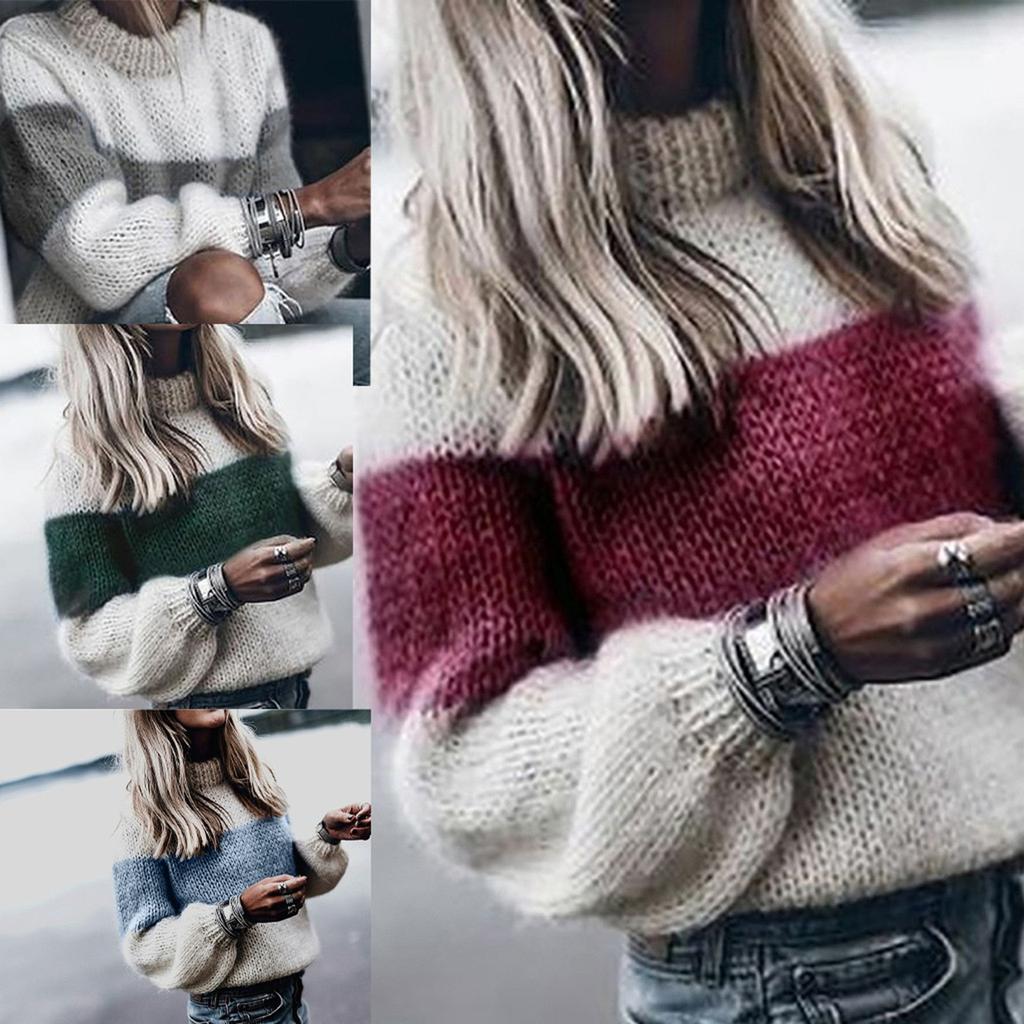 Womens Lady High Sweater Casual Splicing Long Sleeve Tops Slim Fit Pullover