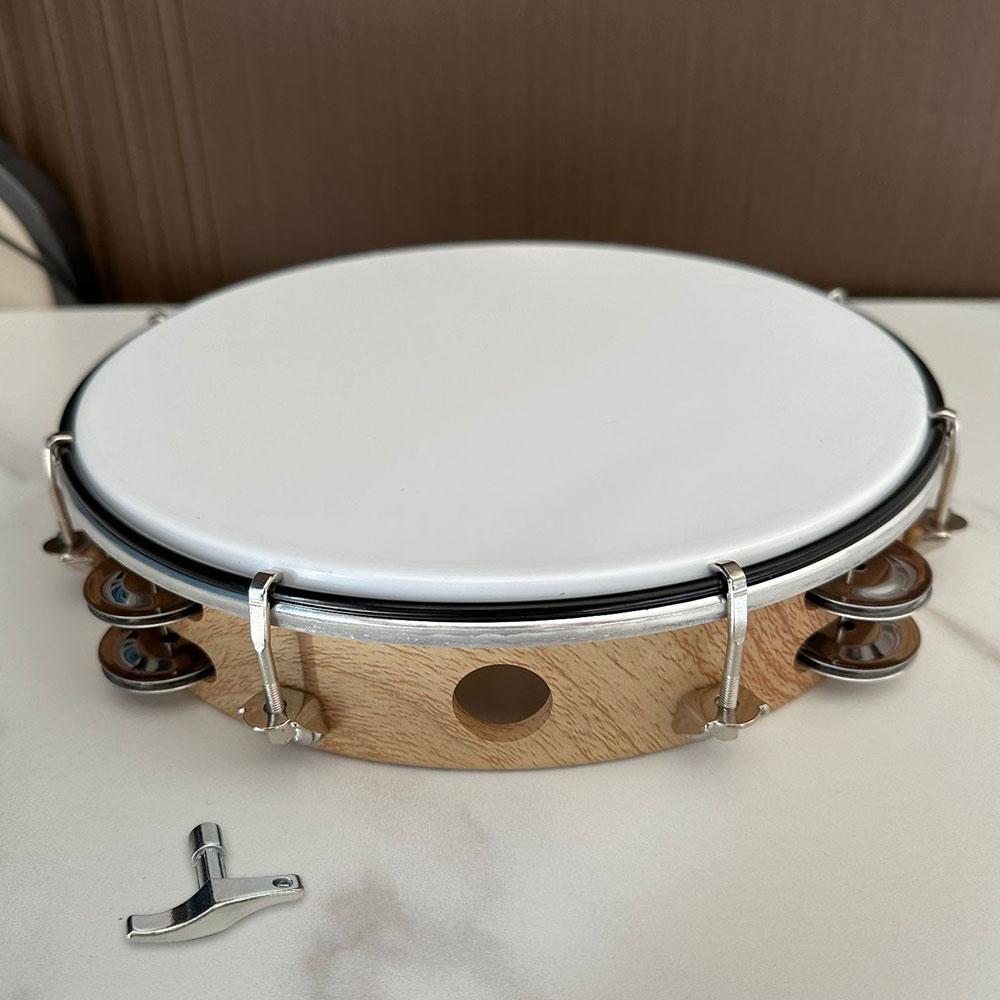 

10-inch Tambourine Double Row Stainless Steel Bells with Adjustment Tuning Tool Hand Clapper Drum Performing