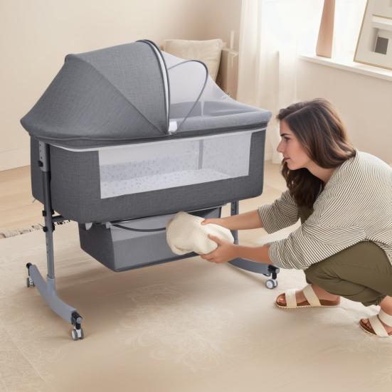 Baby Bedside Crib, Bassinet with Large Curvature Cradle, Height Adjustable Bedside Bassinet, Movable Beside Bassinet with Mosquito Net (Grey)