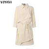 VONDA Women Casual Turn Down Collar Long Sleeve Front Cross Shirt Dress