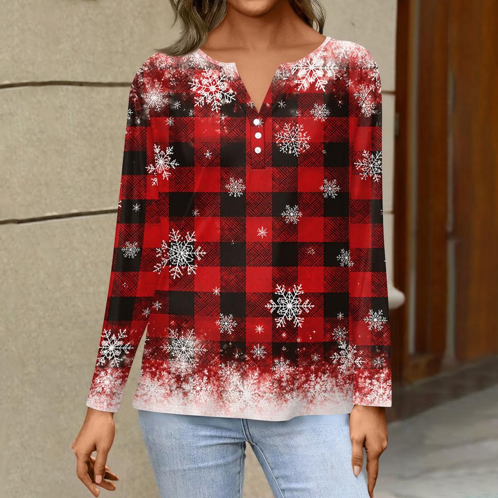 Women's Casual Christmas V-Neck Long Sleeve Button T-Shirt Top for Holiday Celebrations
