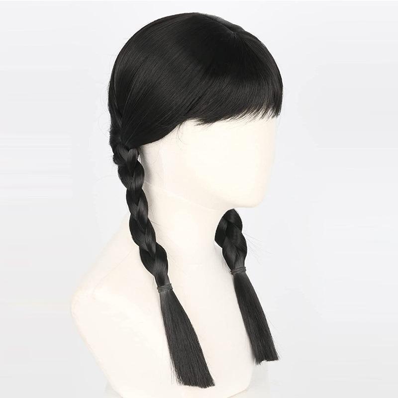 Cosplay Addams Family Zwarte Lange Vlecht Pruik Hoge Temperatuur Zijde Dagelijkse Slijtage Dames Volledige Pruiken Festival Feest Gesimuleerd Haar