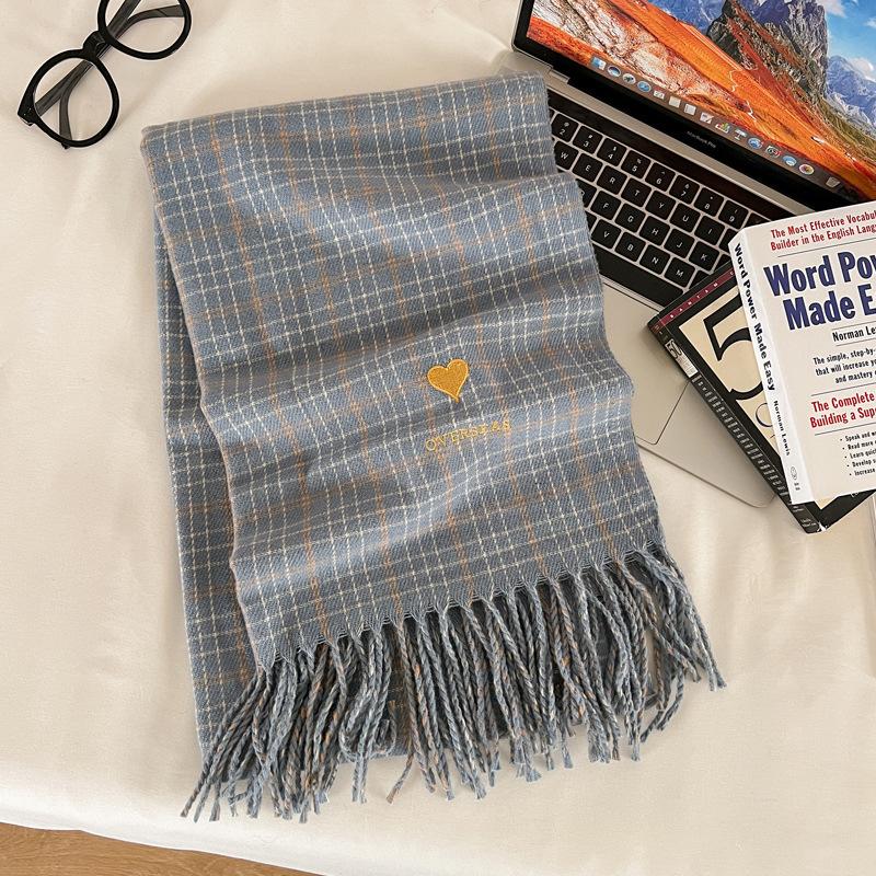 Love Beige Plaid Scarf Women's Autumn and Winter New Student Imitation Cashmere Shawl Dual-purpose Scarf