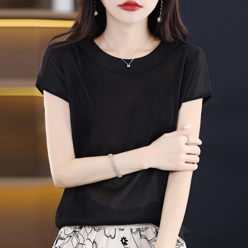 IHUASU Dámské ledové hedvábné tričko s krátkým rukávem léto světlé hedvábí temperament žerzej plátno halenka s výstřihem do O tenké univerzální volné