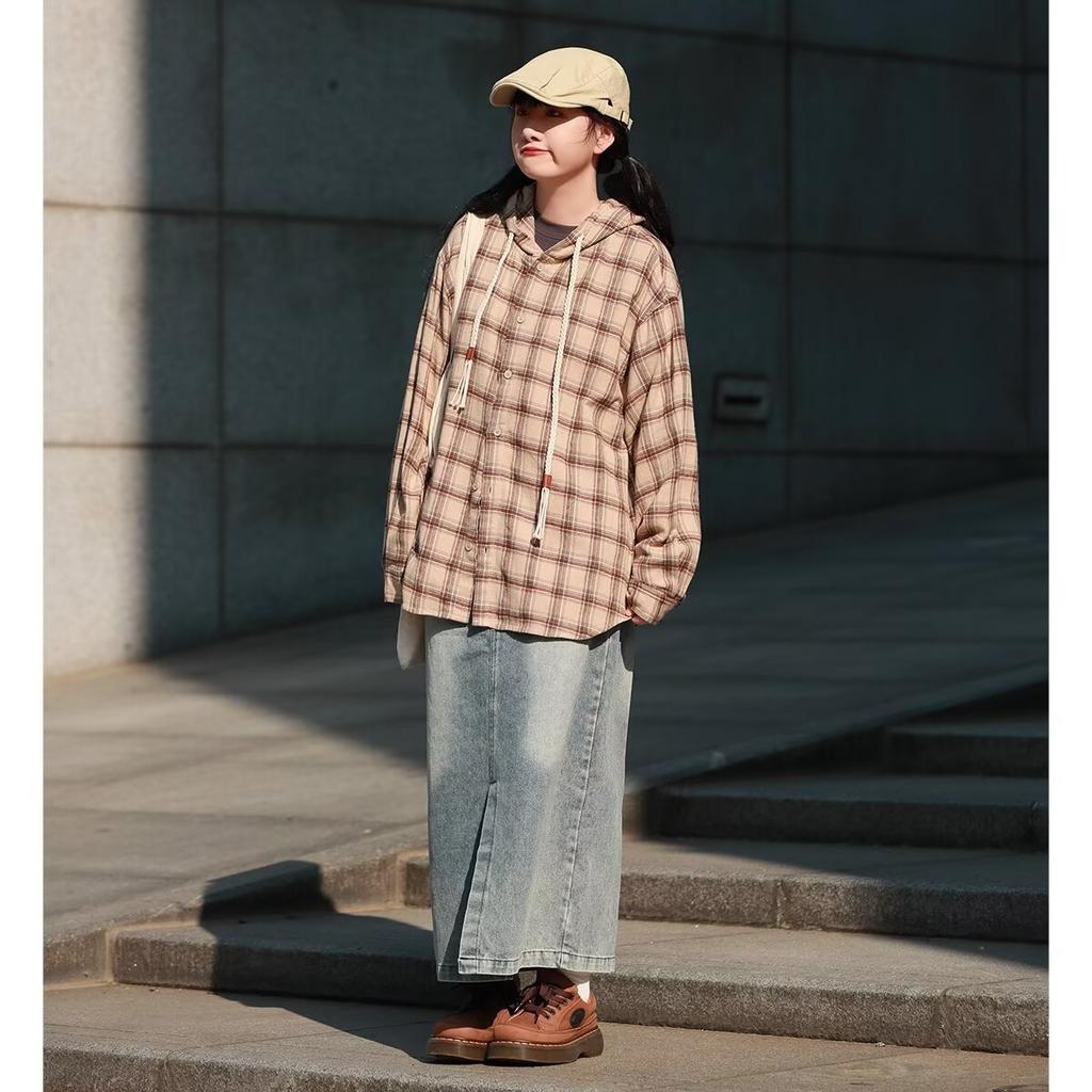 Hong Kong Style Japanese-Style Retro Plaid Hooded Shirt Men's Long-Sleeved Casual Jacket Spring and Autumn Students' Work Clothes Shirt Coat