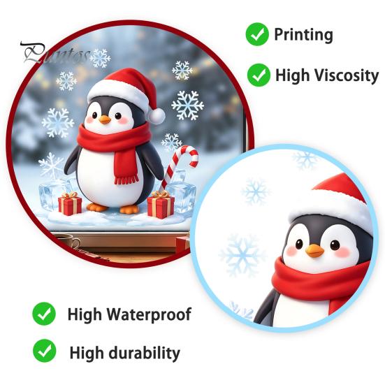 Holiday Party Glass Decor Christmas Cartoon Penguin Window Sticker, Cute Decal with Santa Hat And Winter Theme Supplies Scarf Design, PVC Waterproof