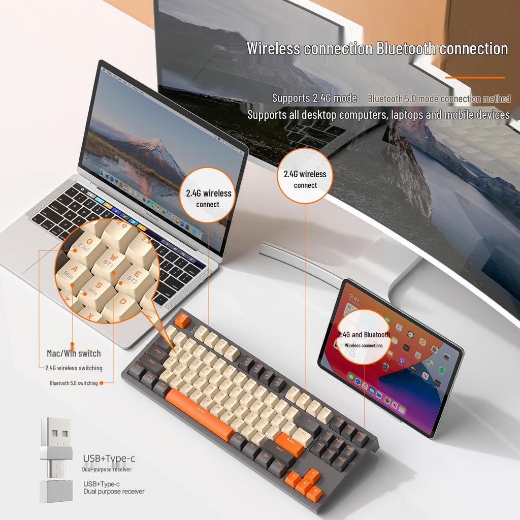 Free Wolf M88 Dual-Mode Wireless Bluetooth Mechanical Keyboard with PBT Keycaps for Gaming & Office Use
