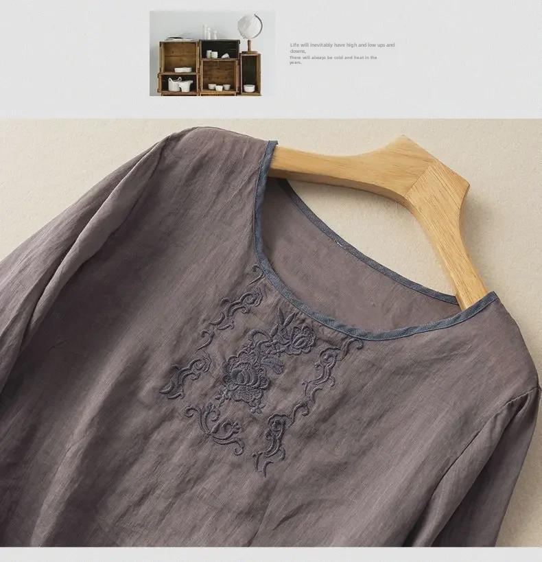 2024 Chinese Style Embroidered Three-Quarter Sleeve Cotton-Linen Pullover