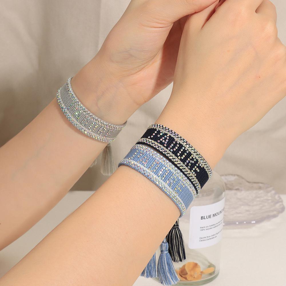 Seven-Color Full Diamond Woven Bracelet with 'JADORE' Letter, Handmade Tassel Chain, Crystal Design for Women