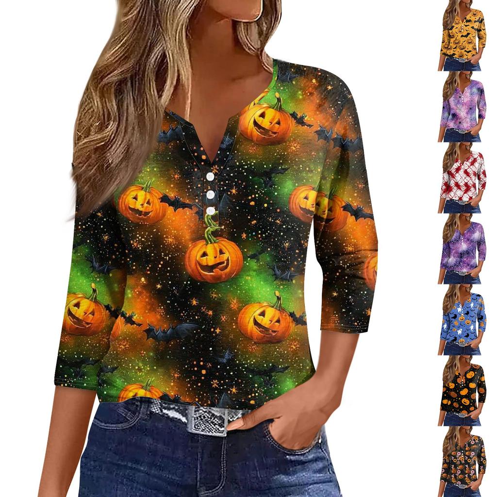 Damen V-Ausschnitt Knopf Halloween Dreiviertelarm T-Shirt Top