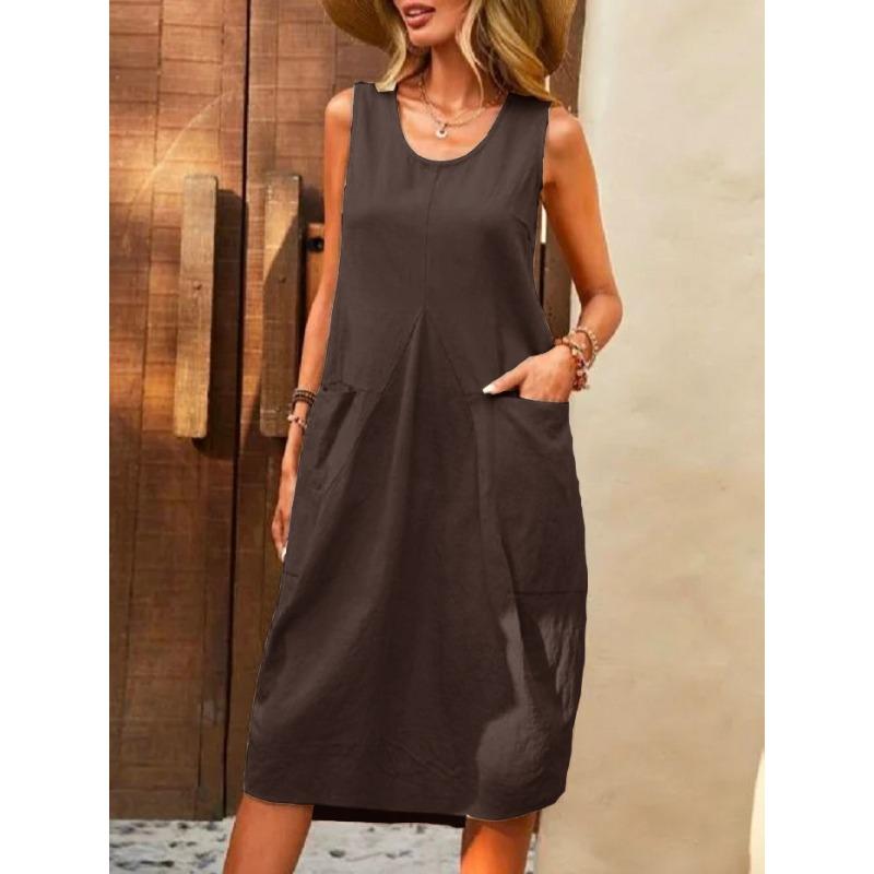 YYFS Women's Fashion Summer Spring Solid Color Print Sleeveless U-Neck Loose Waistline Casual Dresses