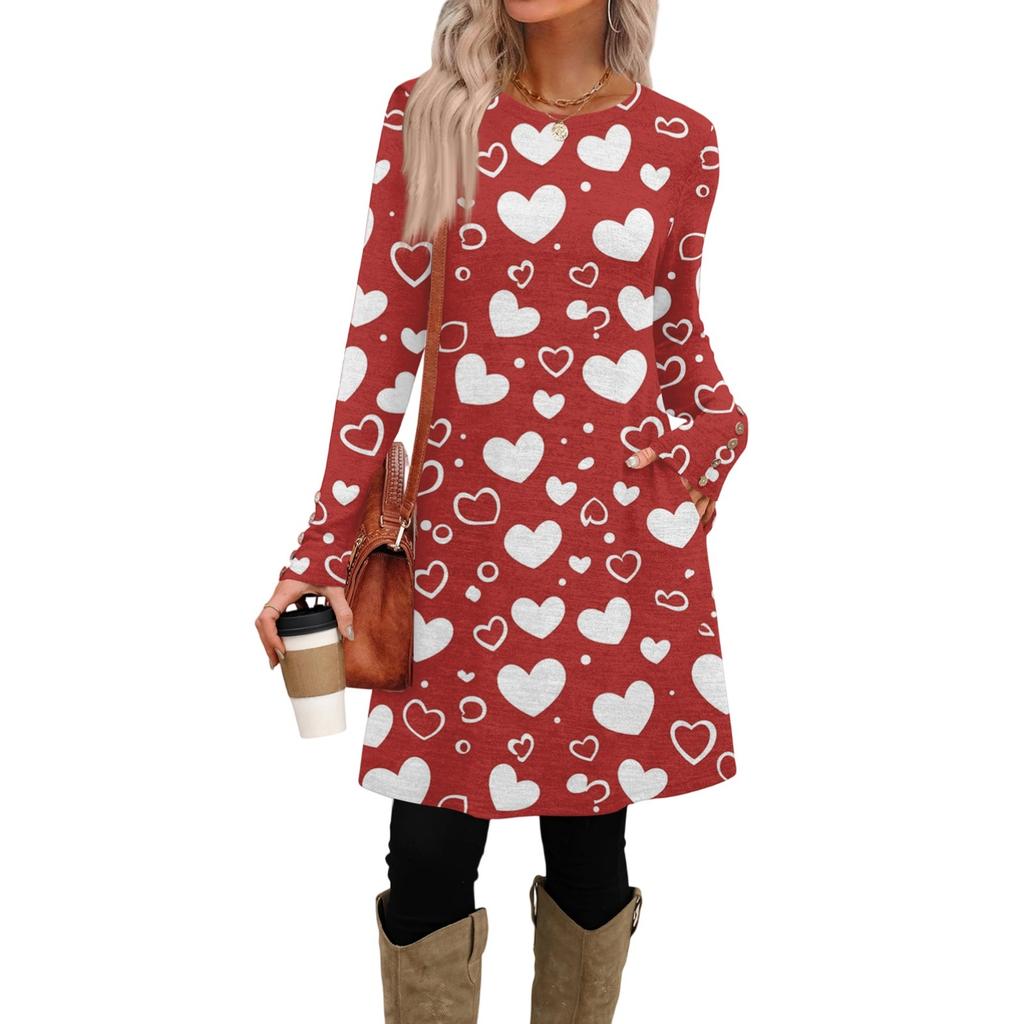 Women's Fashion Casual Pocket Decorative Button Dress Round Neck Long Sleeve Printed Dress