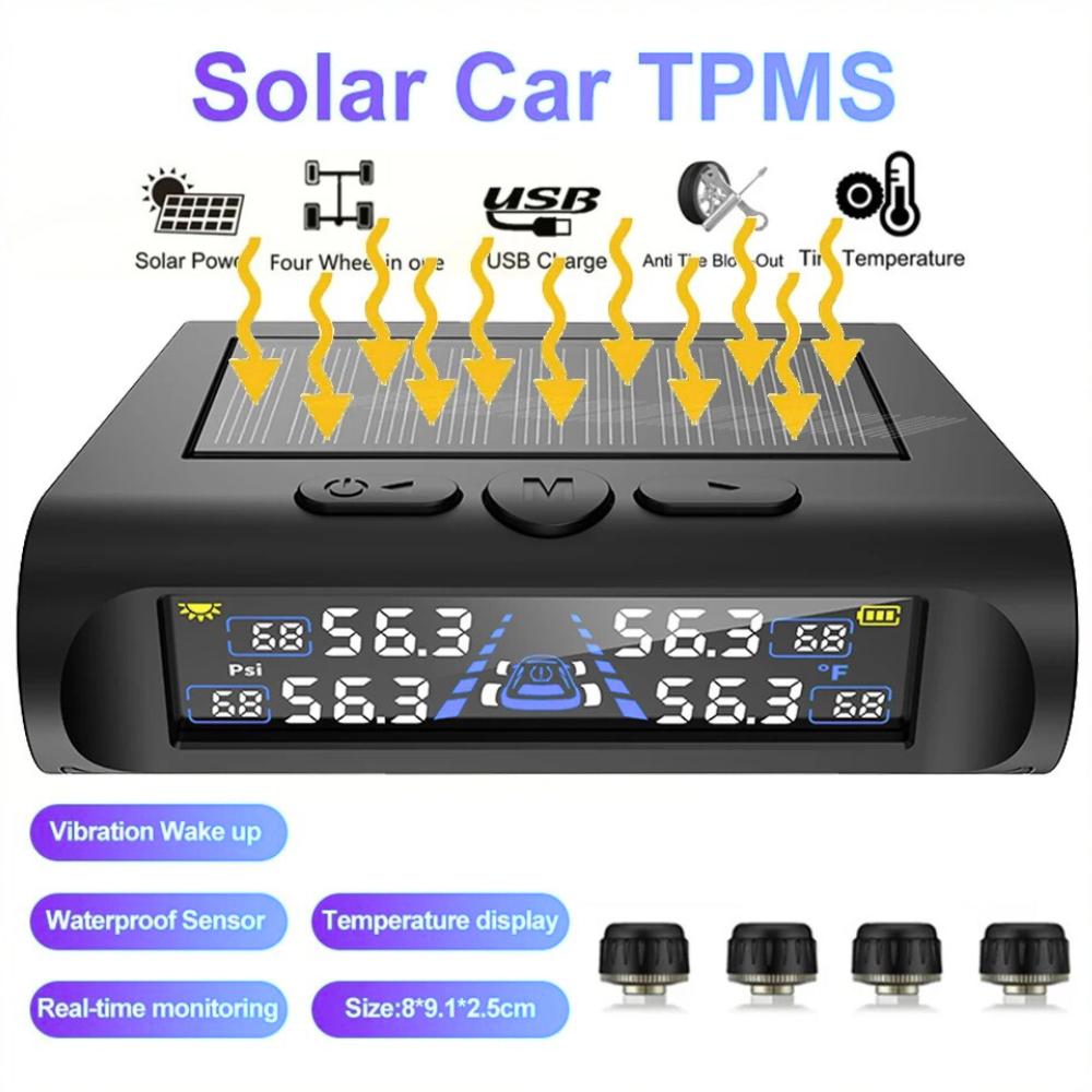 Solcellsdriven TPMS med snabbt varningssystem, HD LED-skärm, 4 externa sensorer, dubbel solcells-/USB-laddning för realtids däcktryck och temperatur