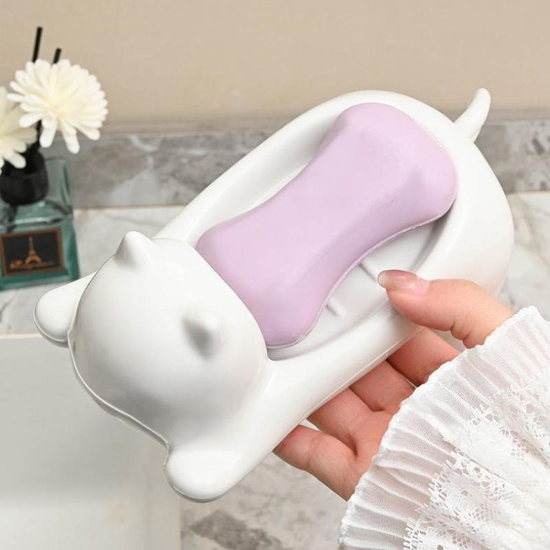 Cute Cat Drain Soap Holder Container Smooth Plastic Toilet Soap Dish Case Tray Bathroom Accessories Washroom Tools Home Decor