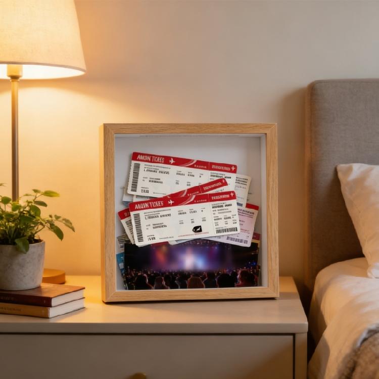 Sturdy Wooden Memory Storage Frame Made To Present Special Event Tickets 20x20cm