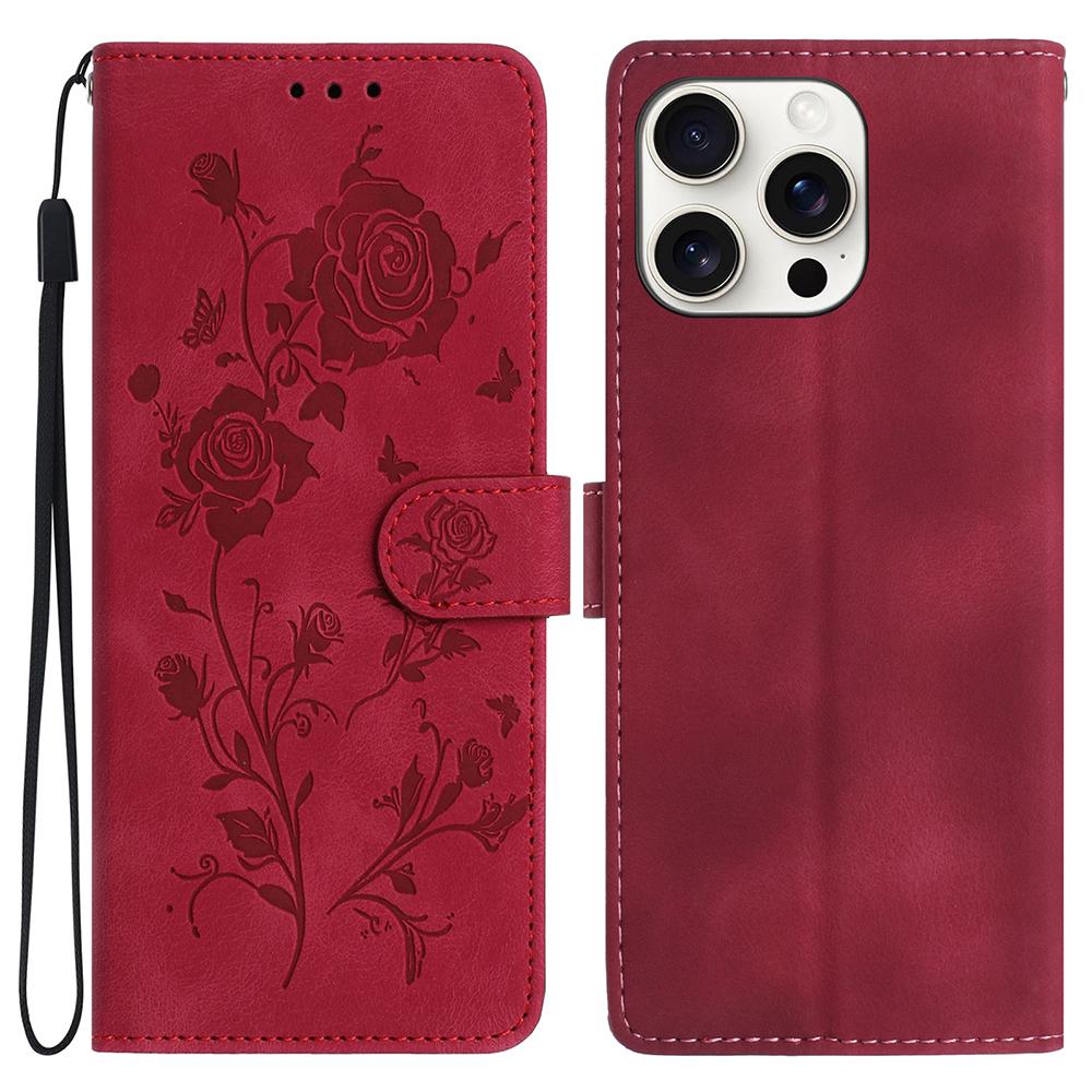For iPhone 16 Pro Wallet Case Rose Pattern Imprinted Leather Flip Stand Phone Cover