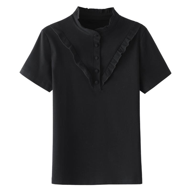 Summer Women's Stand-up Collar Lace Cotton Slim Thin Short-sleeved Versatile Temperament T-shirt