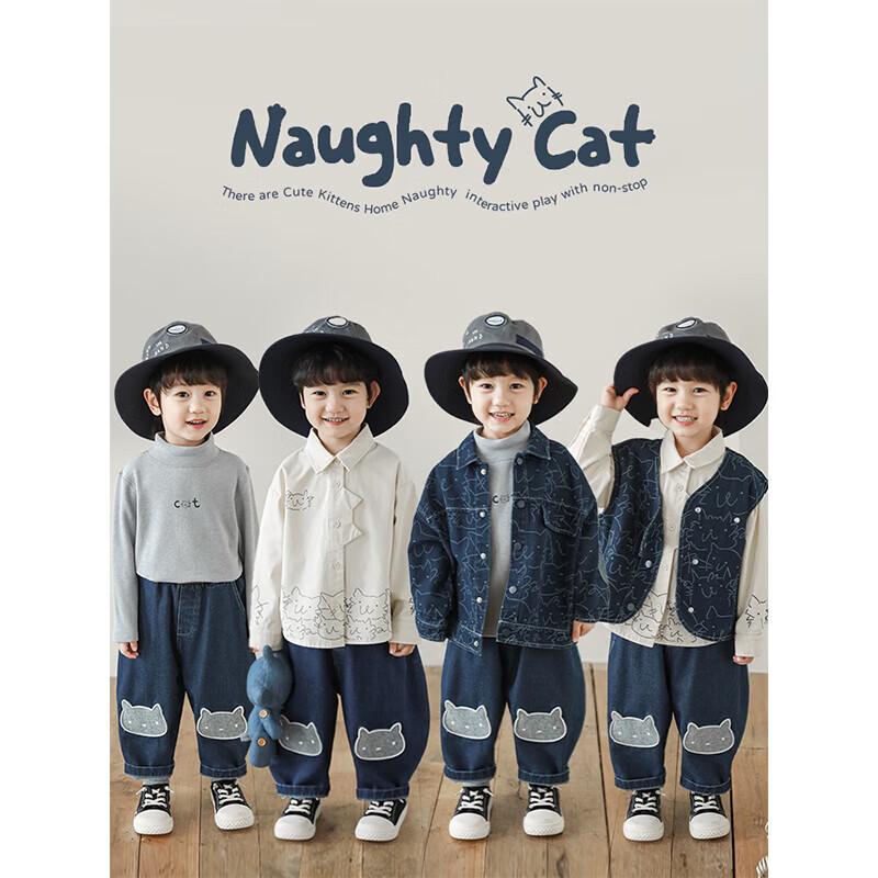 YO U Boys' Cat Applique Denim Jacket and Trouser Set