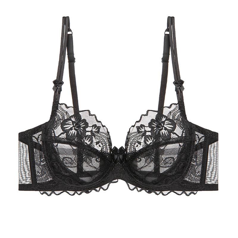 

Французское женское летнее сексуальное ультратонкое прозрачное кружевное нижнее белье для большой груди, маленькая грудь, предотвращающее провисание, мягкий бюстгальтер на косточках, чашка 85D чёрный