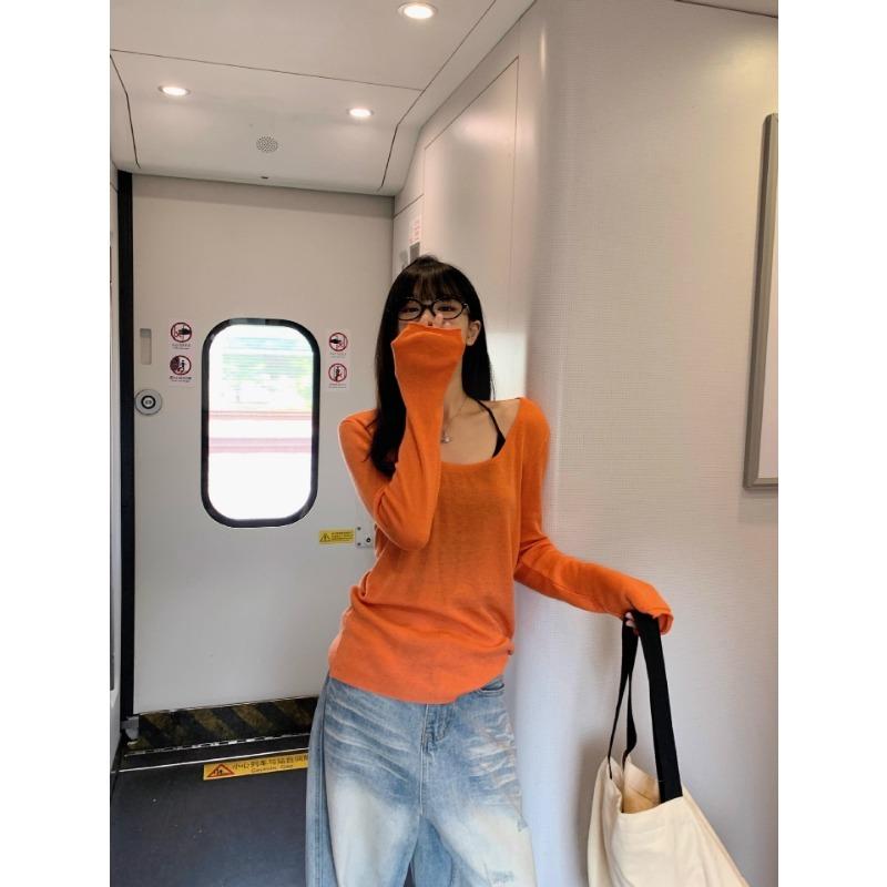 Summer Thin Long-sleeved Sun Protection Cover-up T-shirt Women's Loose Casual Off-shoulder New Top