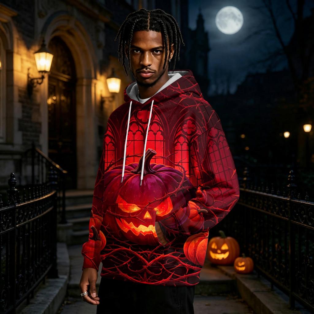 Men's Halloween Print Hoodie Long Sleeve Pullover Sweatshirt Casual Top