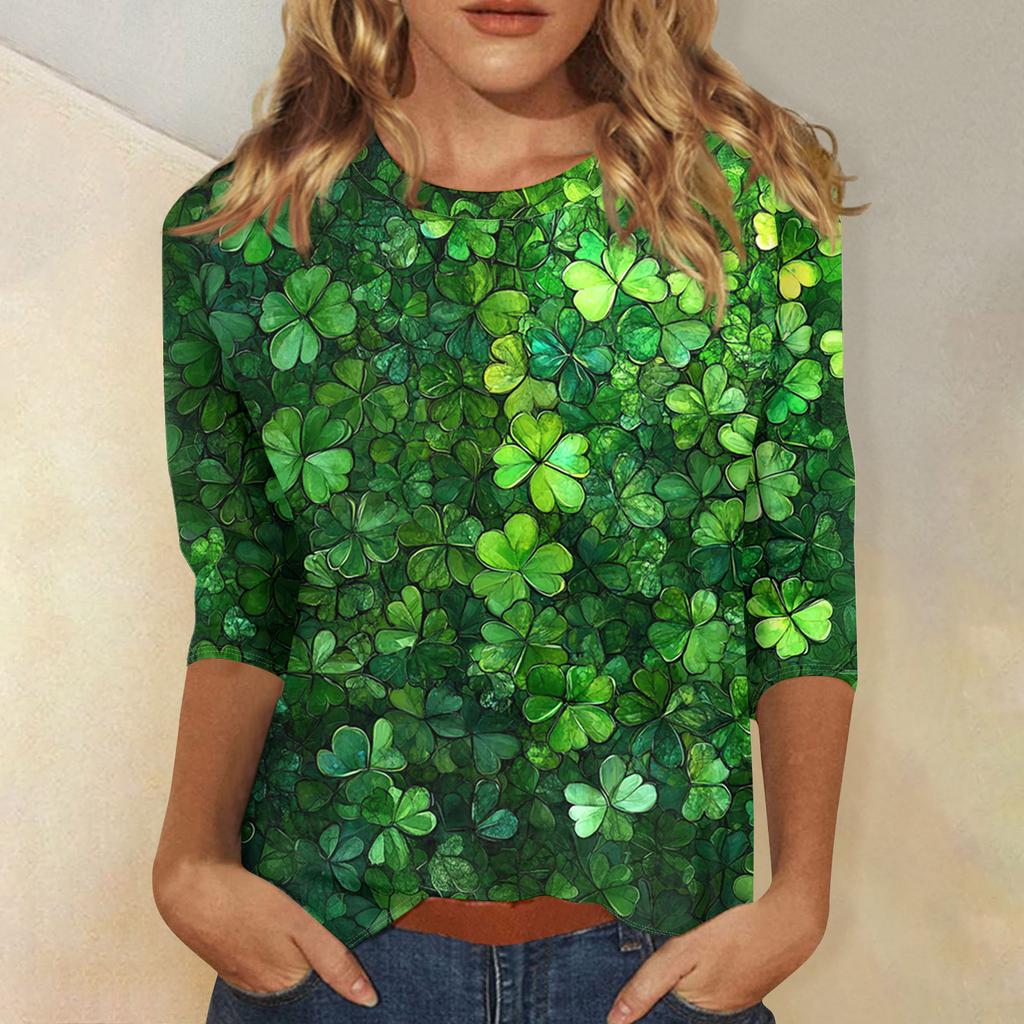 Women's Tops Three-quarter Sleeve Shirt Round-neck Loose Casual Shirt Print T-shirt