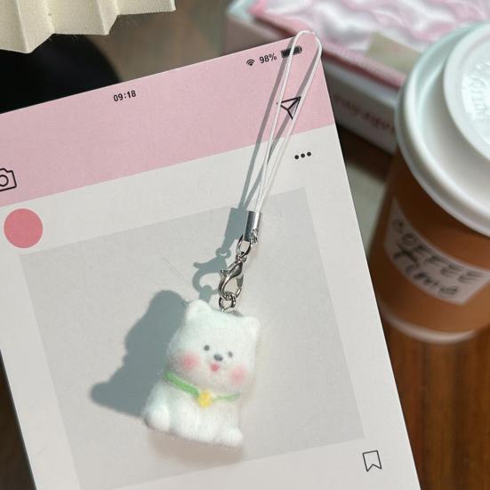 Decorative Pendant Flocking Puppy Shape Keychain Bag Charm with Lanyard Mobile Phone Bag Hanging Ornament