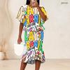 Women Plus Size Red Printed Two Piece Set Round Neck Batwing Sleeve Ruffle Hem Top Fishtail Skirt