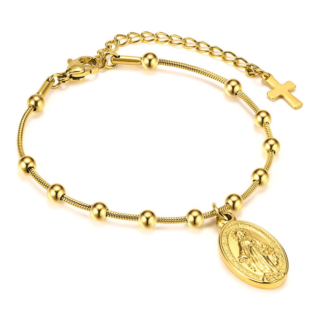 Edelstahl Jungfrau Maria St. Benedikt Kreuz Armband, Perlenkette Armband Damen Religiöser Schmuck