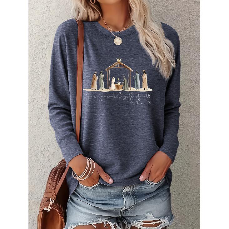 Women's Christian Christmas Origin Story Portrait Print One-piece casual long-sleeved elegant summer top Fashionable and cute T Vintage