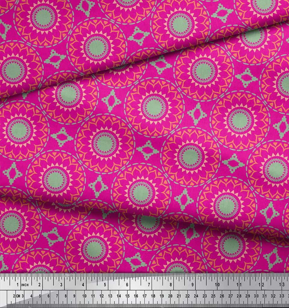 Soimoi Red Japan Crepe Satin Fabric Mandala Geometric Print Fabric by the Metre 42 Inch