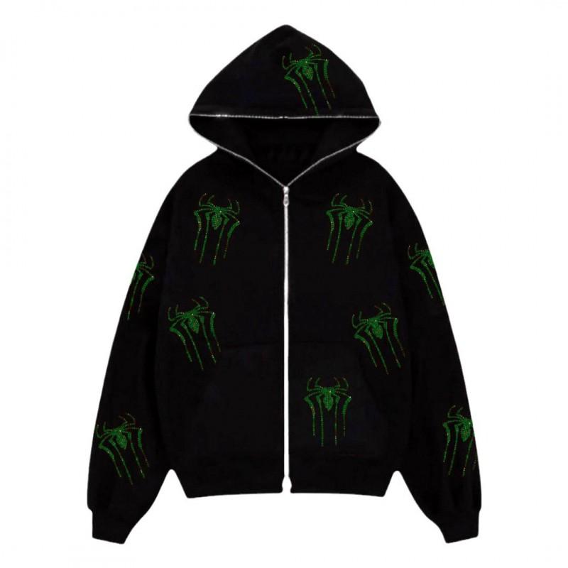 Spider Print Hooded Zip-Up Sweatshirt Unisex Oversized Streetwear Top Teens Adults