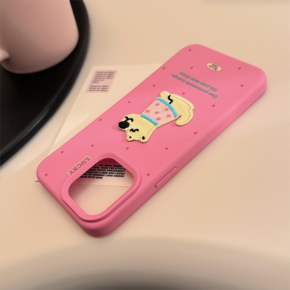 Cute Embroidered Puppy Phone Case for iPhone 15 iPhone 16 iPhone 16 Pro Max