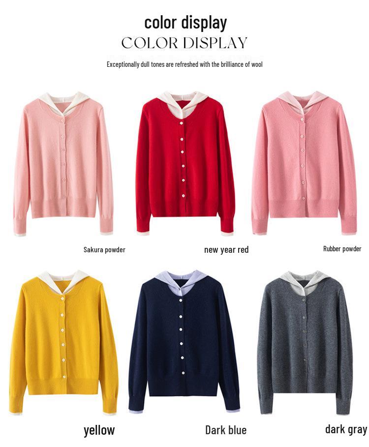Women's 100% Pure Wool Color Block Cardigan Hoodie - Loose Knit Button-Up Sweater Coat