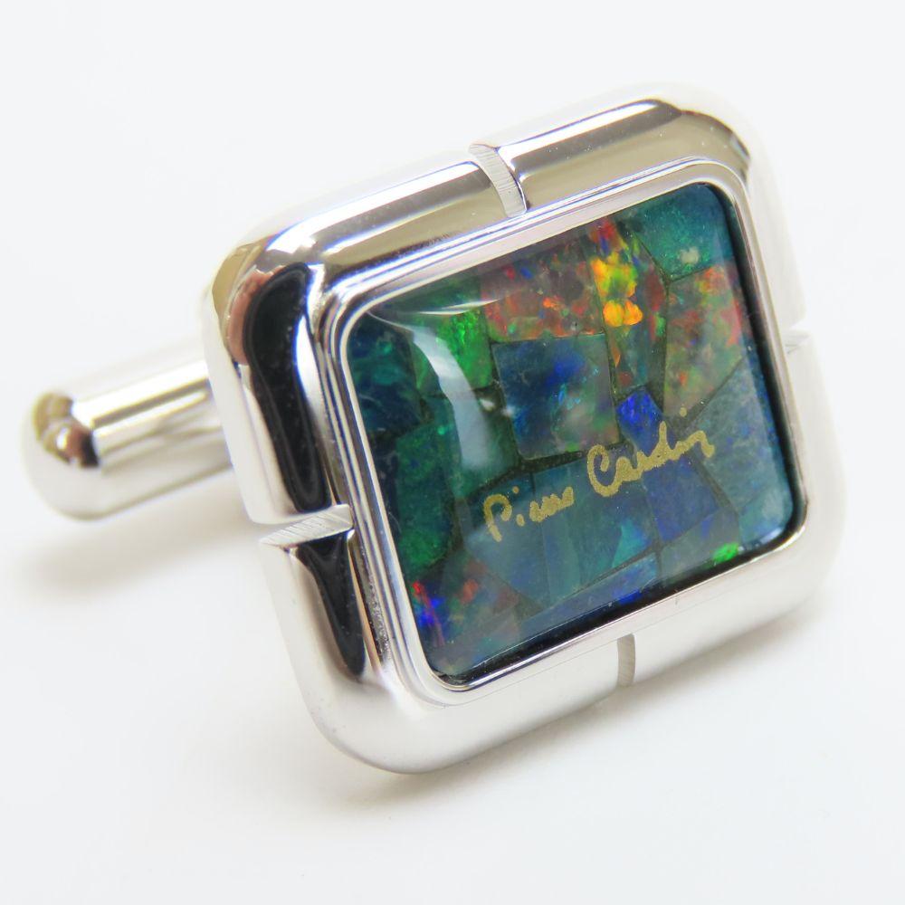 Used Pierre Cardin cuffs metal Silver Green system Cufflinks and Tie pin set