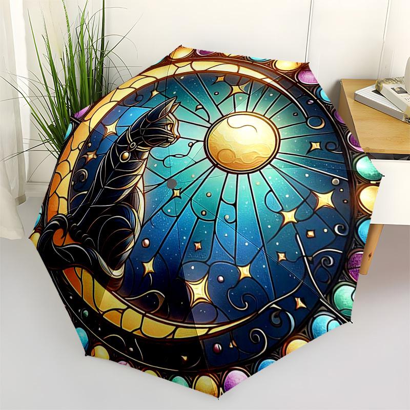 1pc Stained Glass Cat Design Automatic Folding Umbrella - Portable 3-Fold Design with Iron Frame, Outdoor for Fans, Travelers, Daily Use, Festive Gift