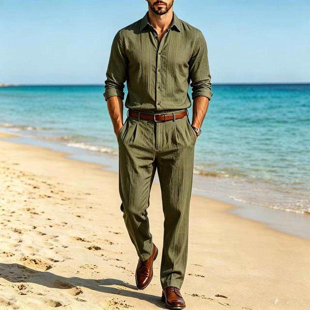 Men's Linen Long Sleeve Button Down Shirt and Pants Set Loose Fit Suit