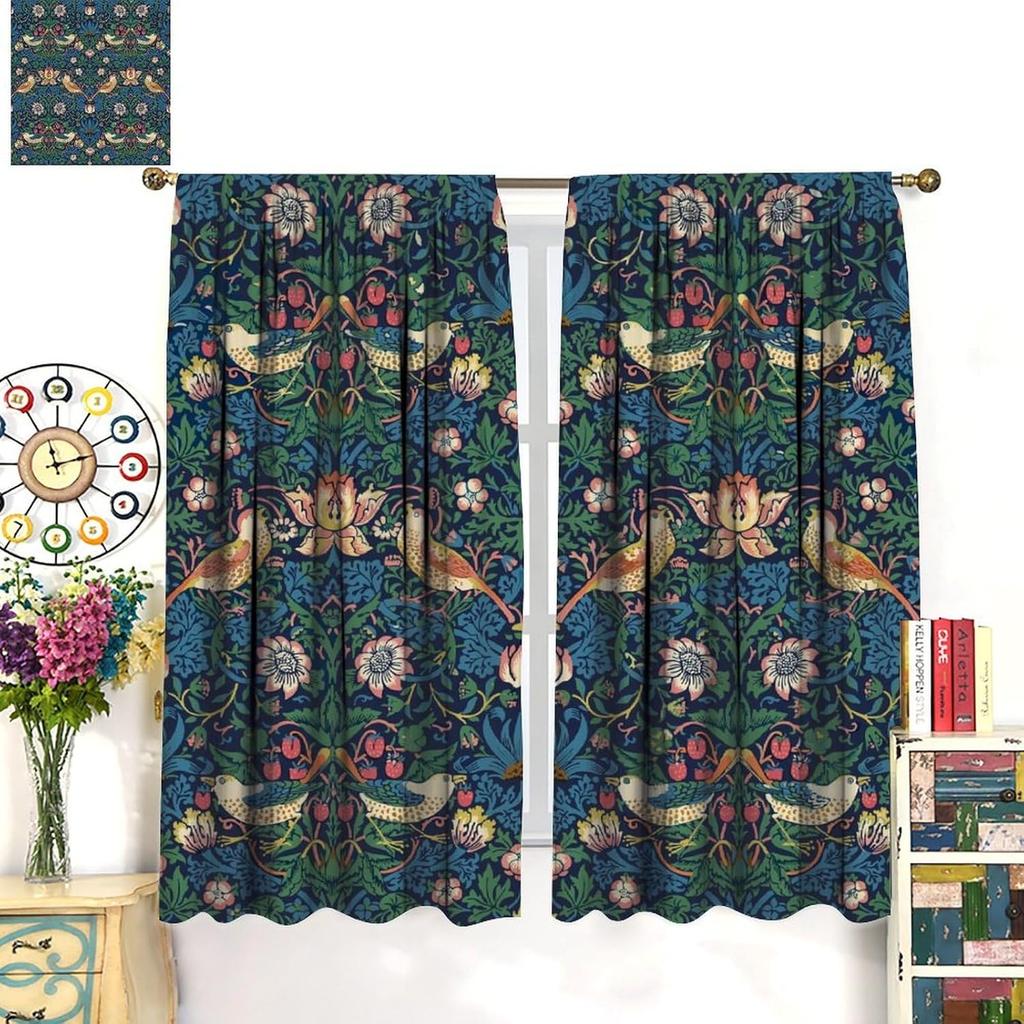 Cortinas Vintage de Quinta William Morris Florais Rústicos Pássaro Morango Estampadas Tratamentos de Janela Sala de Estar Quarto Escurecimento Feito de Poliéster Decoração