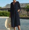 Women's Long Sleeve V-Neck Button Front Dress with Pockets, Casual Loose Fit Flowy Skirt, Gathered Waist