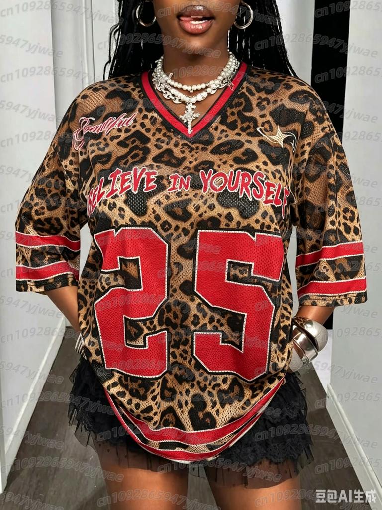 Nr. 25 Modisches Sportliches V-Ausschnitt Jersey T-Shirt für Damen Netzstoff V-Ausschnitt T-Shirt Sommer Harajuku Trend Kurzarm Streetwear Tops