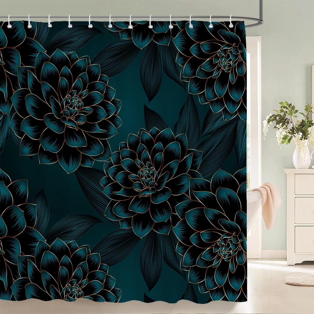 1pc Art golden flowers print shower curtain waterproof fabric,Floral pattern partition curtain decorate bathroom curtain