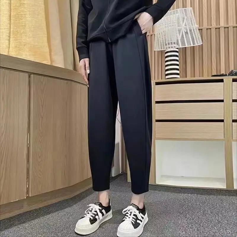 

New Style Autumn and Winter Women s Solid High Waist Elastic Slim Halun Pants Fashion and Casual Commuter Trousers S чорний