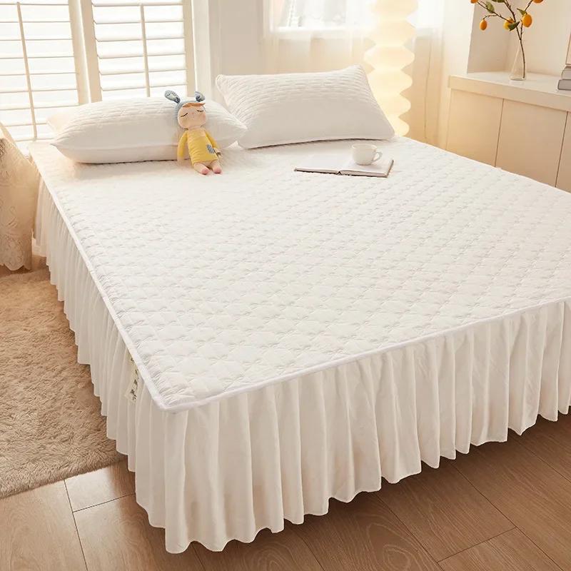 Solid Color Cotton Fitted Sheet Bed Skirt 2-in-1 Dustproof Bedspread Modern Minimalist Mattress Dust Protection Cover