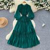 French Retro Lantern Sleeves Pleated Dress Women's Waist and Thin A-shaped Long Dress Lady Style Level Long Dress