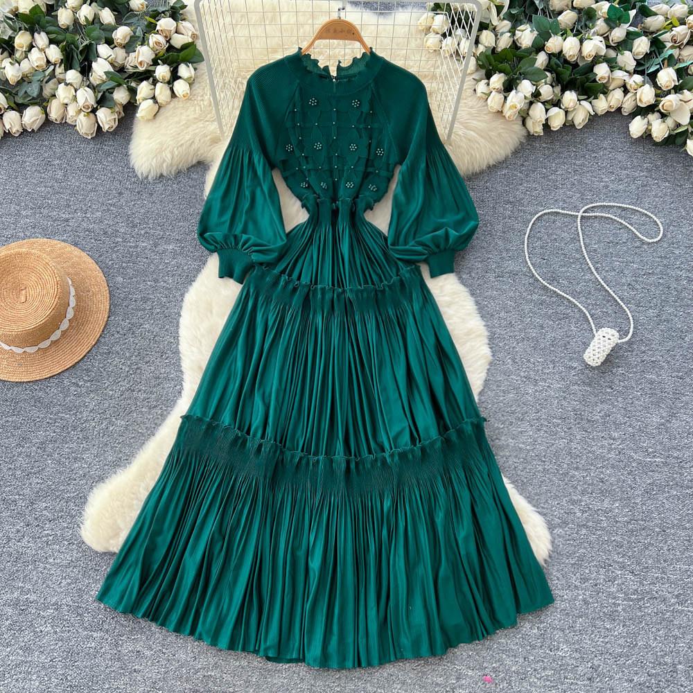 French Retro Lantern Sleeves Pleated Dress Women's Waist and Thin A-shaped Long Dress Lady Style Level Long Dress