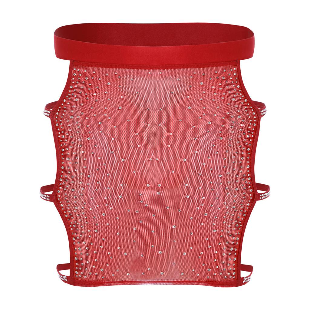 Womens Sparkly Rhinestone Mesh Miniskirt Elastic Waist Side Cutouts Bodycon Design See Through Club Skirt