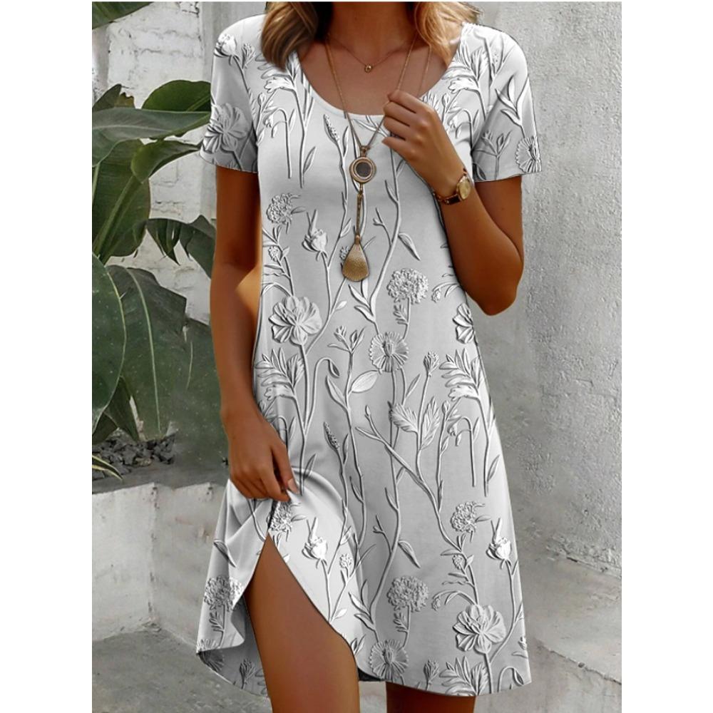 Women's Fashion Graceful Flower Pattern Print Summer Spring Short Sleeve O-Neck Casual Dresses